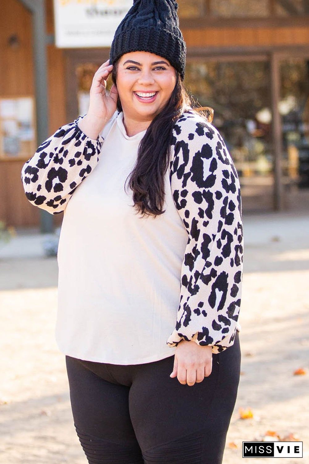 Leopard Puff Sleeve Splicing Plus Size Top