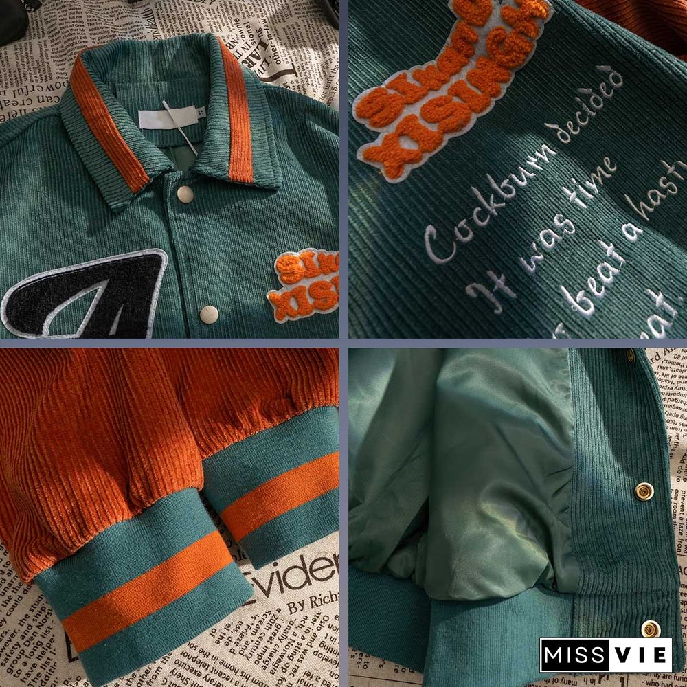 Flocked Embroidered Colorblock Corduroy Baseball Jacket