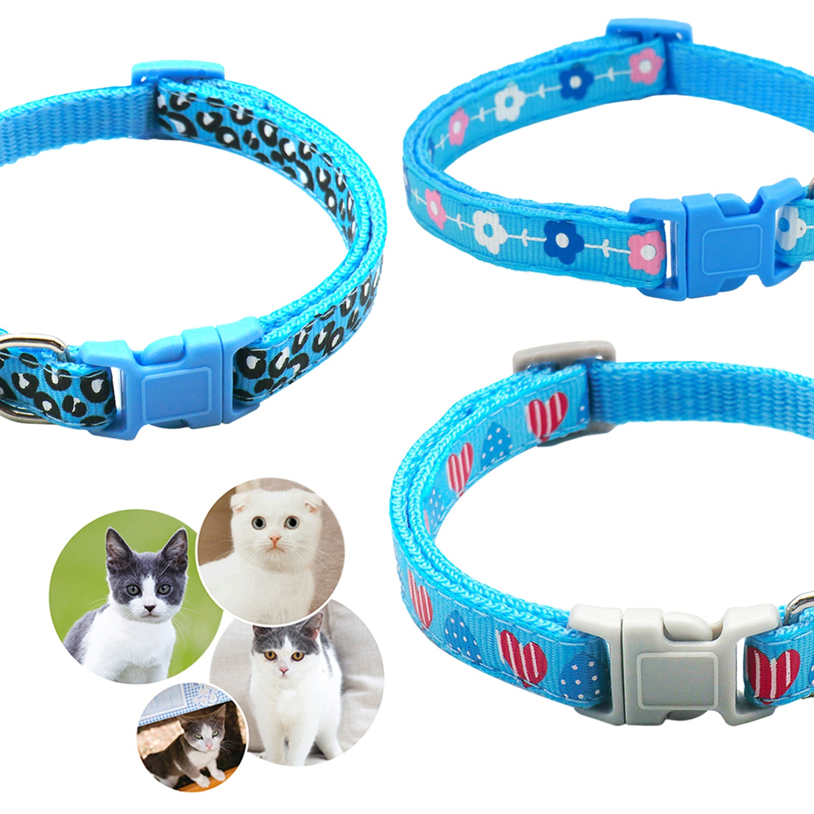 CHBORLESS 3 Pcs Nylon Cat Collar with Bell Adjustable Kitten Puppy Collars for Newborn Pet，Sky Blue