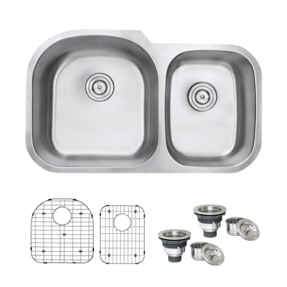 Ruvati 34 in. Double Bowl 60/40 Undermount 16-Gauge Stainless Steel Kitchen Sink - Left Configuration