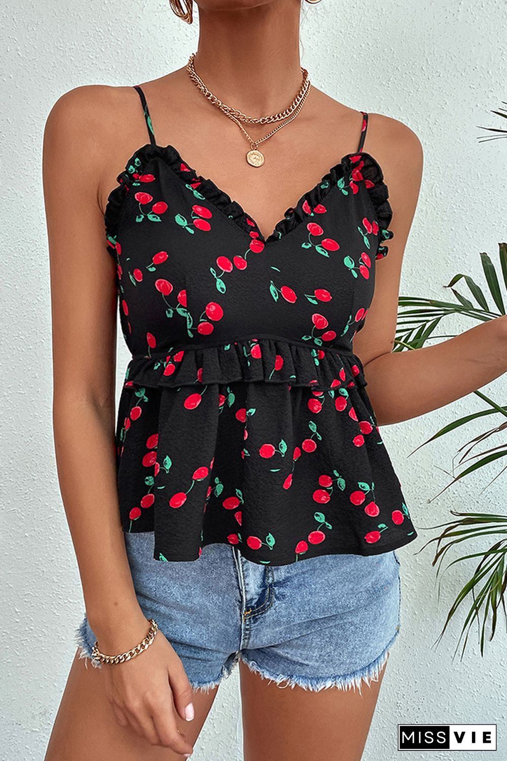 Sleeveless Nipped Waist Cherry Print Camisole Top Wholesale