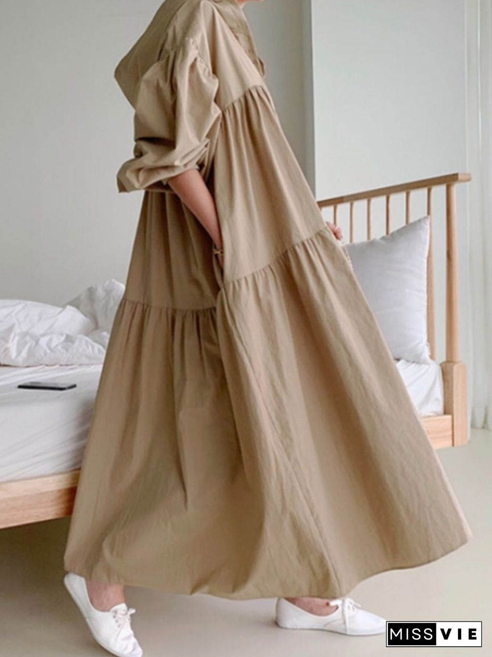 Urban Solid Color Pleated Long Sleeves Hooded Midi Dress