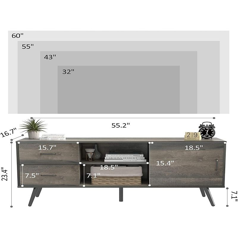 Year Color Mid-Century Industrial Modern TV Stand with Sliding Doors and Two Drawers for 55/60 Inch TV