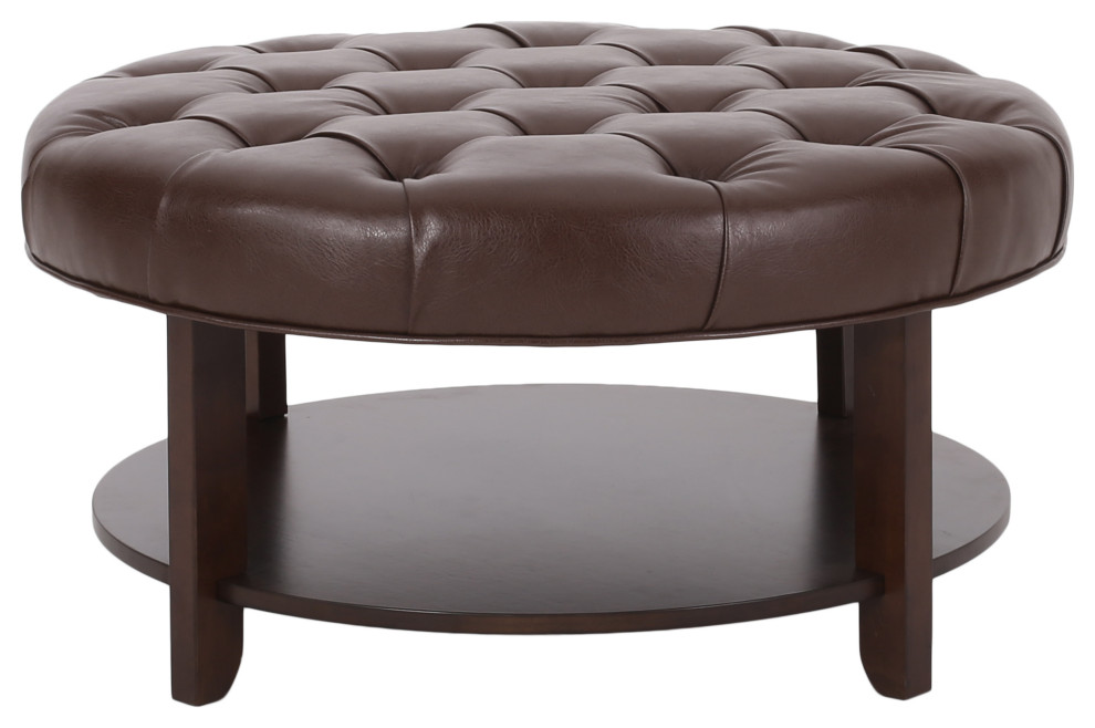 Baynes Faux Leather Tufted Wood Round Ottoman  Open Shelf   Transitional   Footstools And Ottomans   by GDFStudio  Houzz