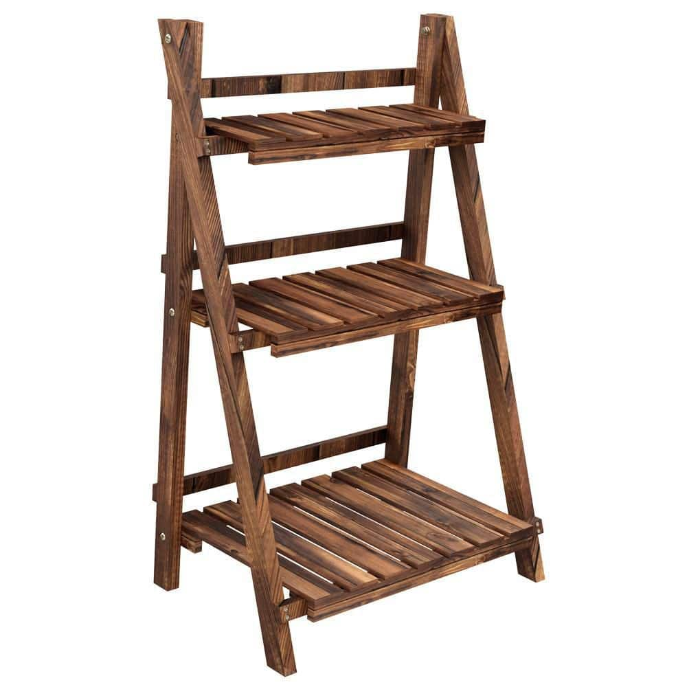 Yaheetech Indoors and Outdoors Folding Wooden Flower Pot Stand Flower Plant Display Ladder Stand (3-Tier) DYelt60001