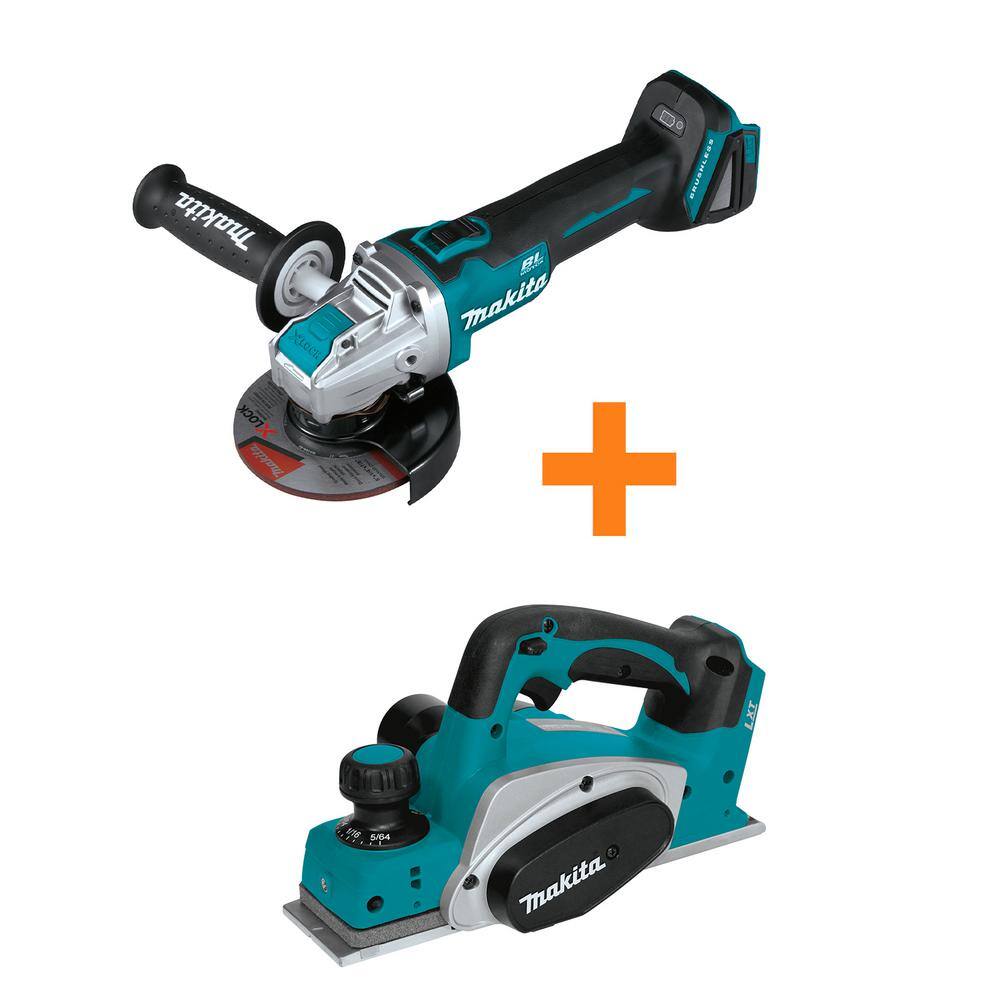 Makita 18V LXT Lithium-Ion Brushless Cordless 4-12 in.5 in. X-LOCK Angle Grinder with 18V LXT 3-14 in. Cordless Planer XAG25Z-XPK01Z