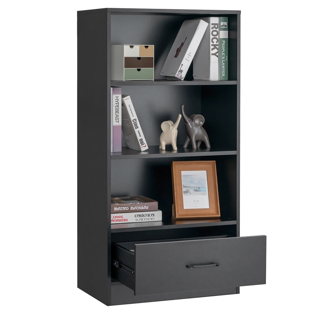 Costway 48'' Tall 4 tier Storage Shelf Wood Bookcase w/Drawer Home   24'' x 15'' x 48'' (L x W x H)