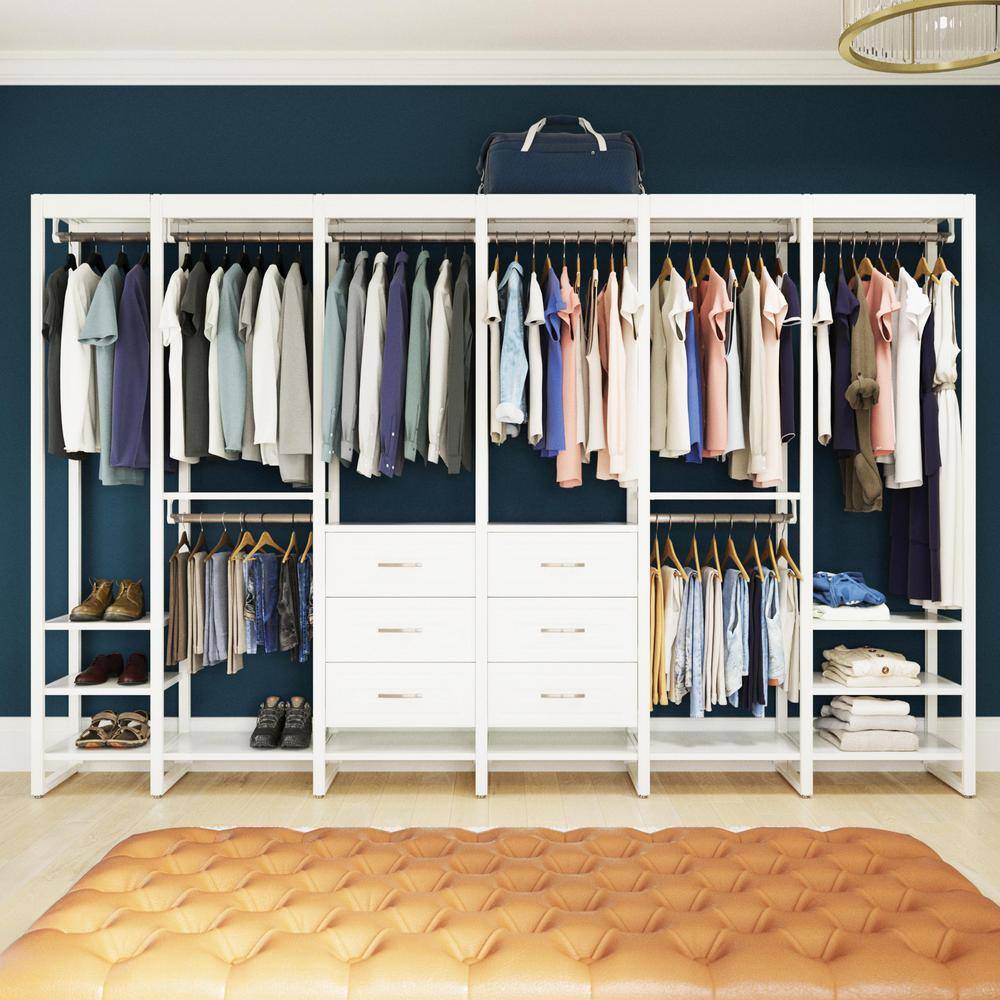 CLOSETS By LIBERTY 132 in. W White Adjustable Wood Closet System with 16-Shelves 6-Rods and 9-Drawers HS47557-RW-11