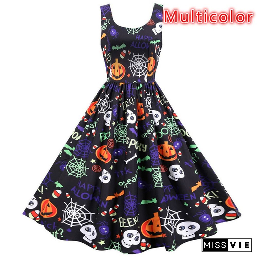 Women Halloween Party Dress Sleeveless Skull Pumpkin Printed Swing Dress