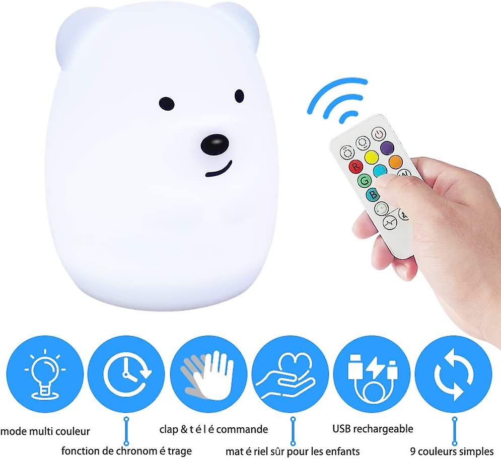 Children's Night Light Bear Night Light Led Lamp Bedroom 9 Colors Baby Night Light Multicolor Usb Rechargeable Lightweight Night Light With Remote Con