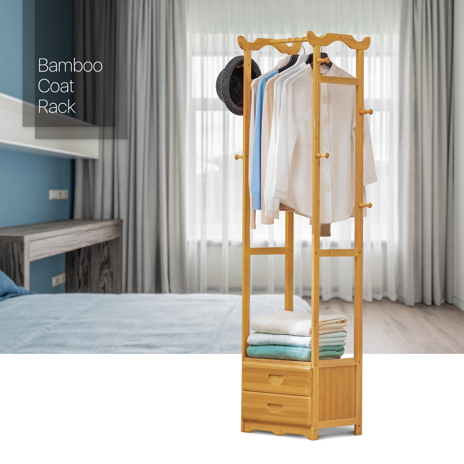 MoNiBloom Bamboo 2 Tiers 2 Drawers Coat Rack， Modern Clothes Storage Shelf， Natural， for Bedroom