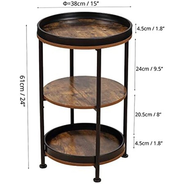 Round Industrial Sofa Table with 3 Storage Shelves，Rustic Brown