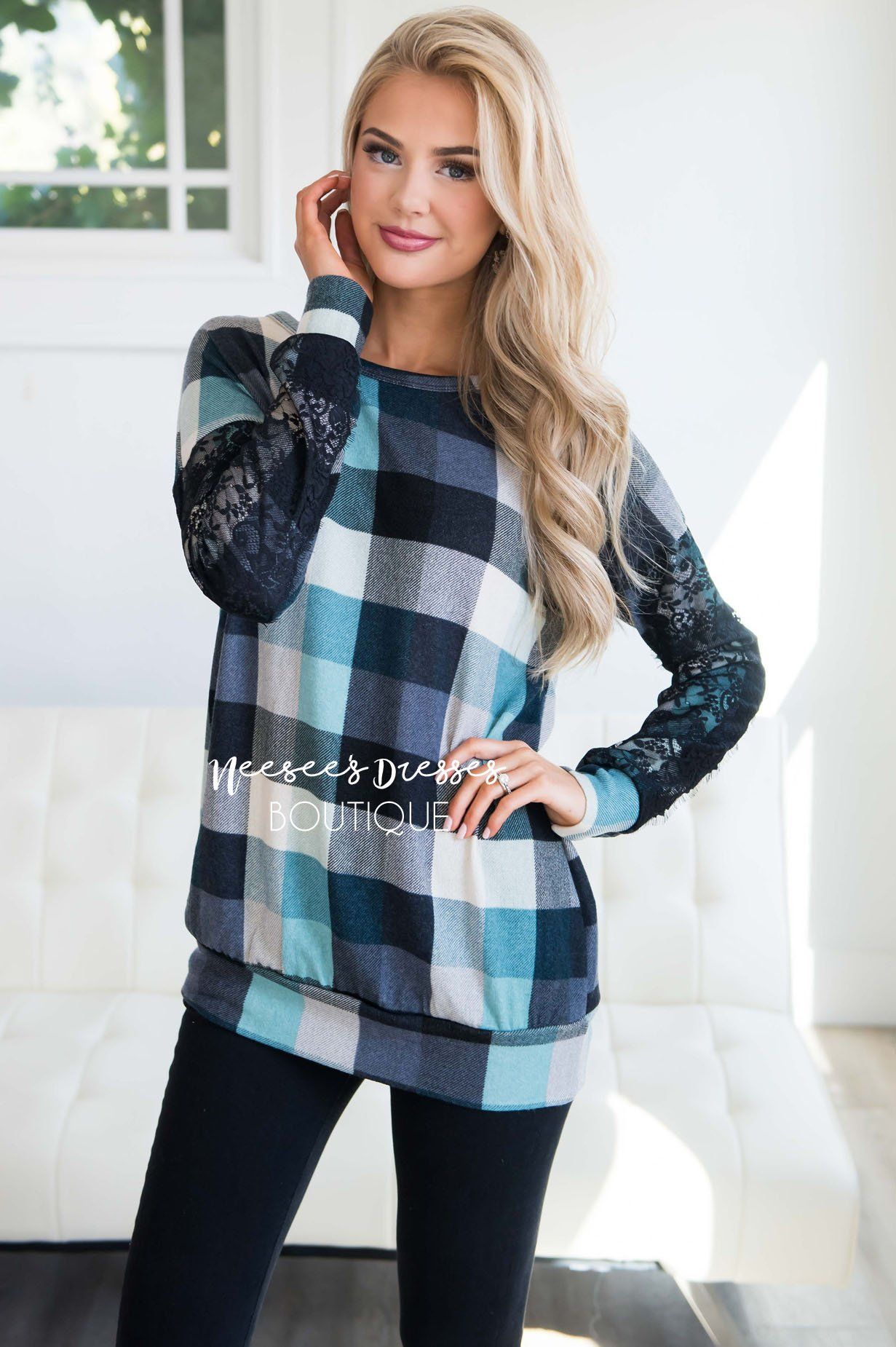 Aqua & Black Plaid Lace Sleeve Sweater