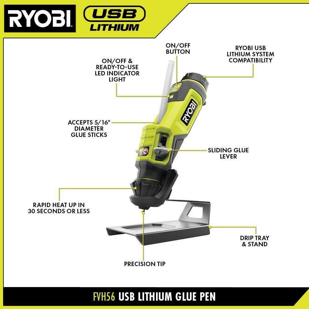 RYOBI Glue Pen Kit with (2) USB Lithium Batteries Charging Cable and  Mini Variety Color Glue Sticks (24-Pack) FVH56K-A1932410-FVB01