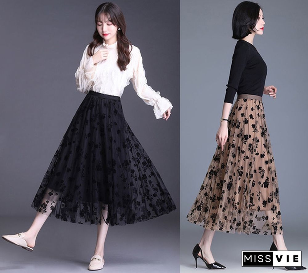 Wome Lace Long Skirt High Waist Tulle Skirts Ladies Summer Casual Loose Elegant Maxi Skirts