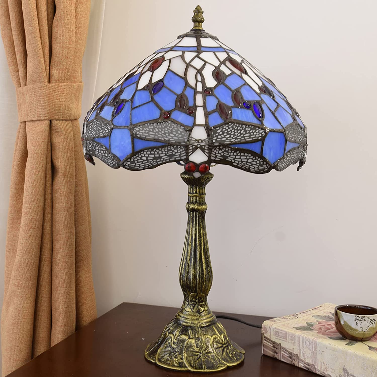 SHADY  Lamp Stained Glass Lamp Dragonfly Blue Bedroom Table Lamp Reading Desk Light for Bedside Living Room Office Dormitory Dining Room Decorate  12x12x18 Include Light Bulb