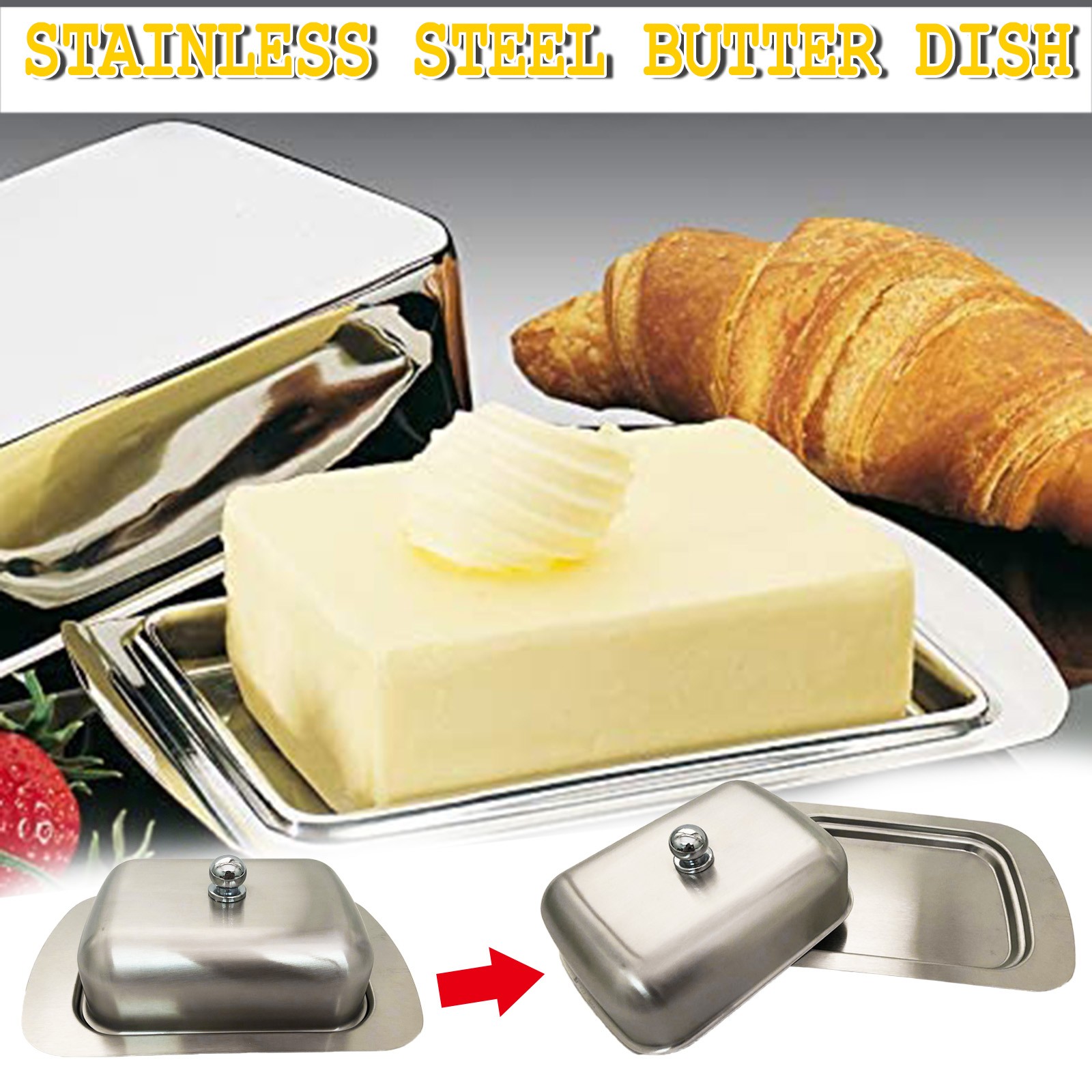 Jsaert Butter Dish Made of Brushed Stainless Steel Dishwasher-safe for Kitchen