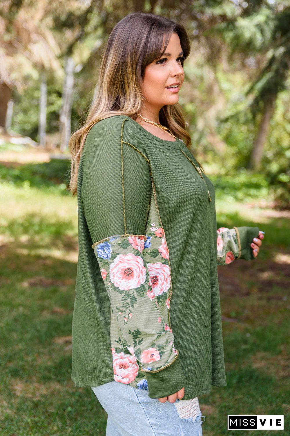 Green Plus Size Floral Patchwork Henley Top