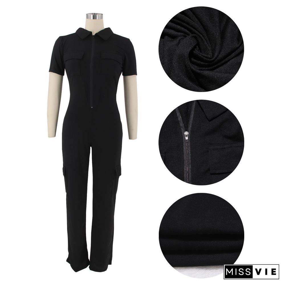 Turn Down Collar Zipper Pockets One Piece Jumpsuit