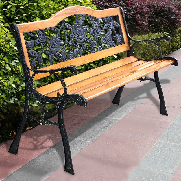 Tangkula Garden Cast Iron Bench Porch Path Loveseat Hardwood Chair For Patio Park