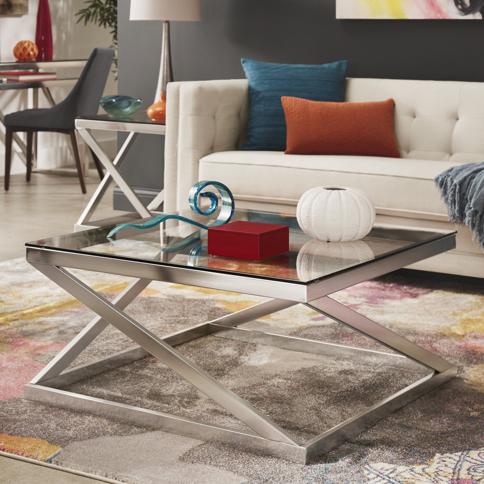 Elegant Coffee Table  Open X Base With Square Glass Top  Brushed Nickel/Clear   Contemporary   Coffee Tables   by Declusia  Houzz