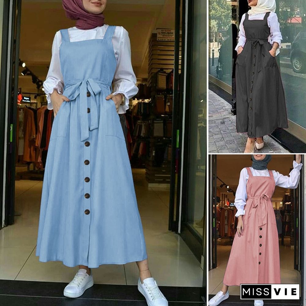 Autumn Women Muslim Abaya Oversized Dress Plain Casual Pinafores Mid-Calf Sundress Plus Size