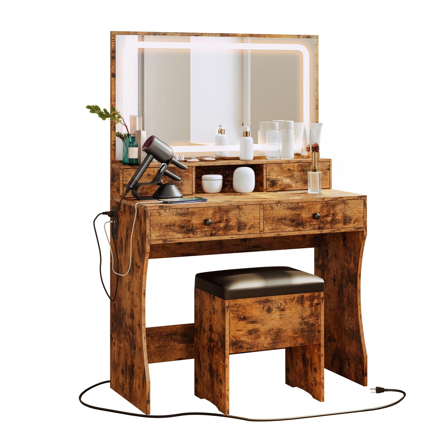 Vanity Desk Set Makeup Vanity with Power Outlet, LED Mirror, Storage Stool