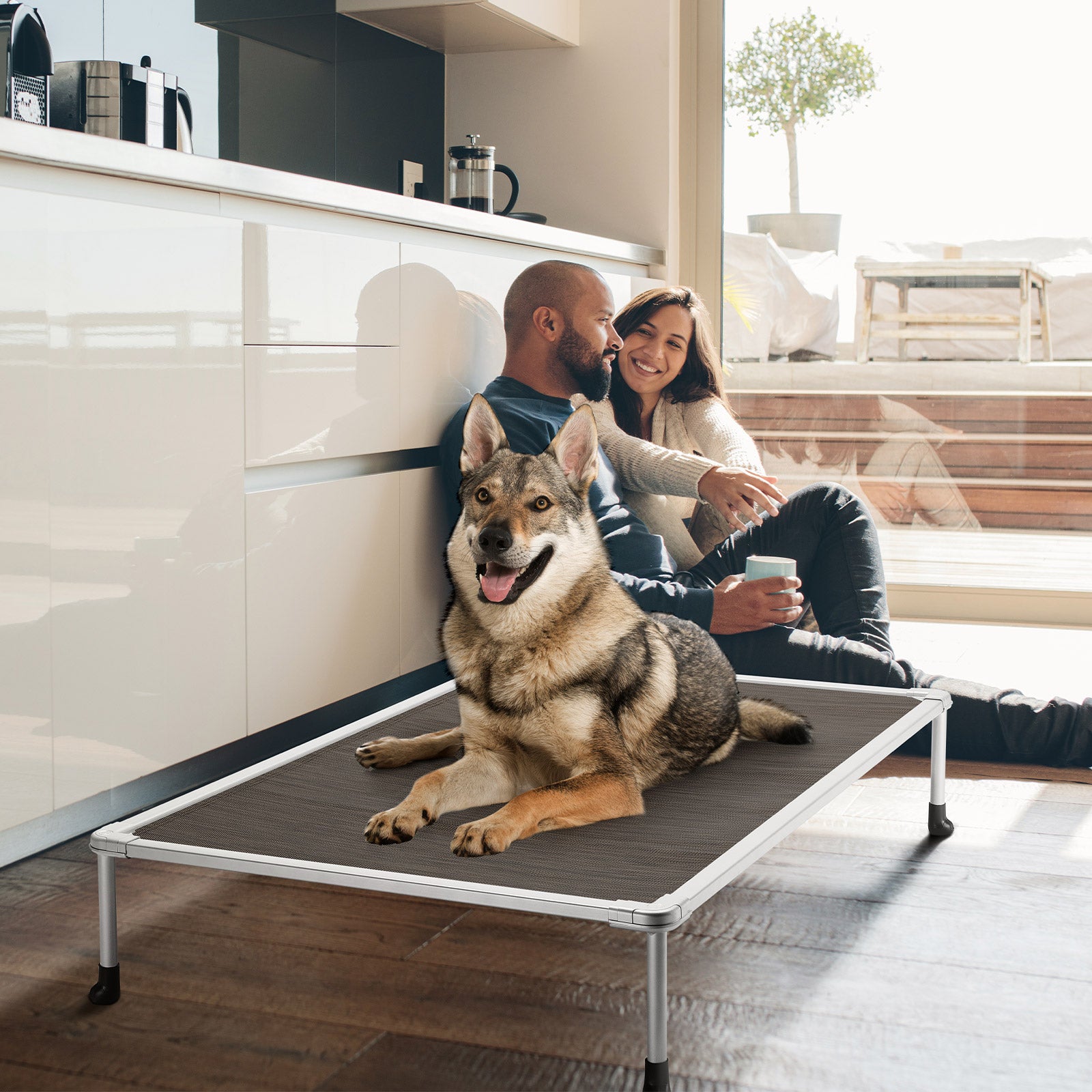 Veehoo Chewproof Dog Bed， Cooling Raised Dog Cots with Silver Metal Frame， X Large， Brown