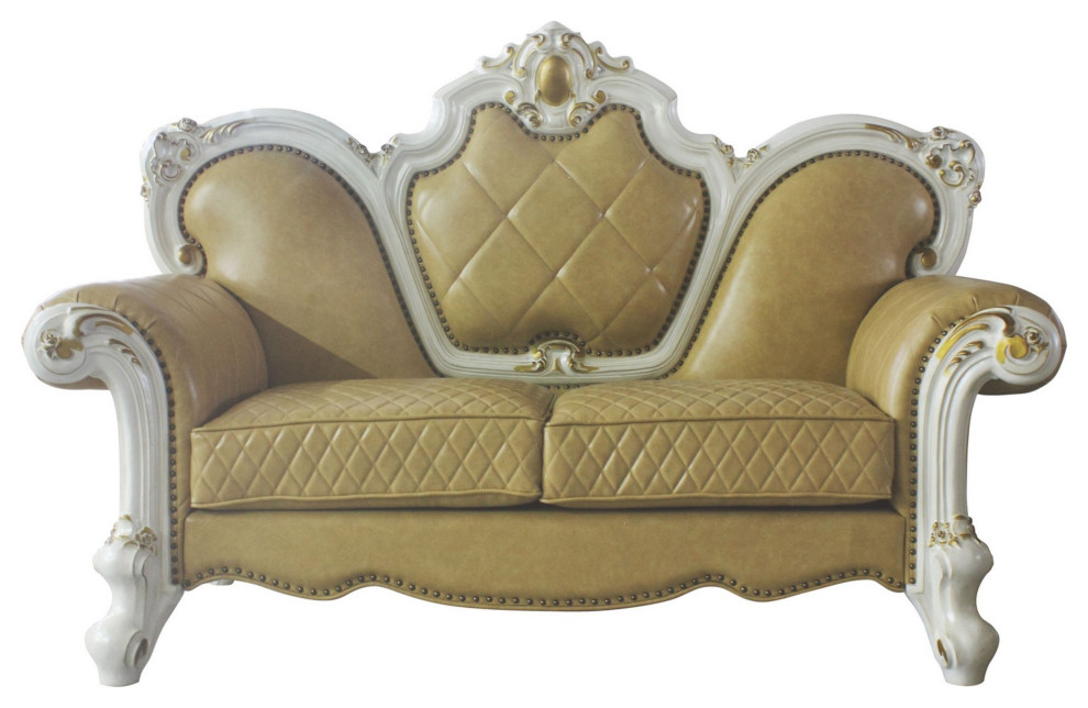 Leatherette Loveseat With Diamond Stitching And Carvings  White And Beige   Victorian   Loveseats   by VirVentures  Houzz