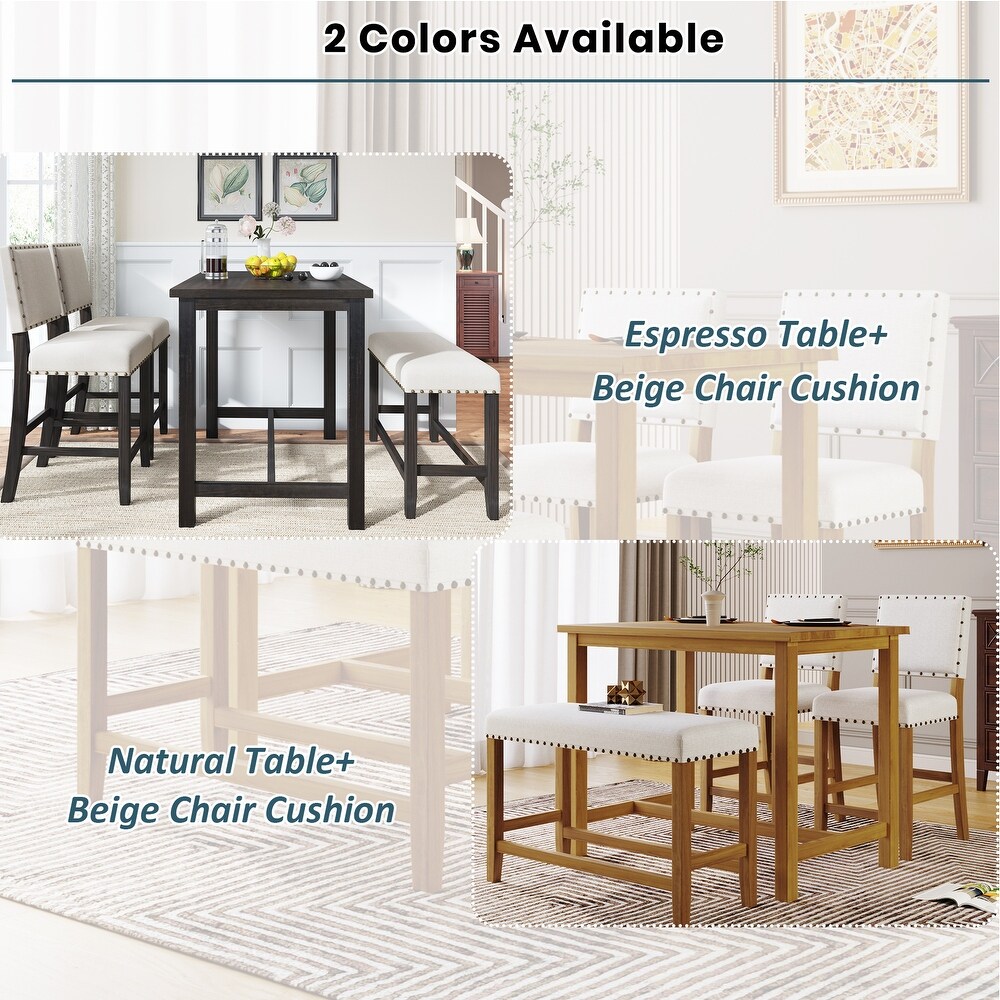 4 Piece Rustic Wooden Counter Height Dining Table Set with Upholstered Bench for Small Places