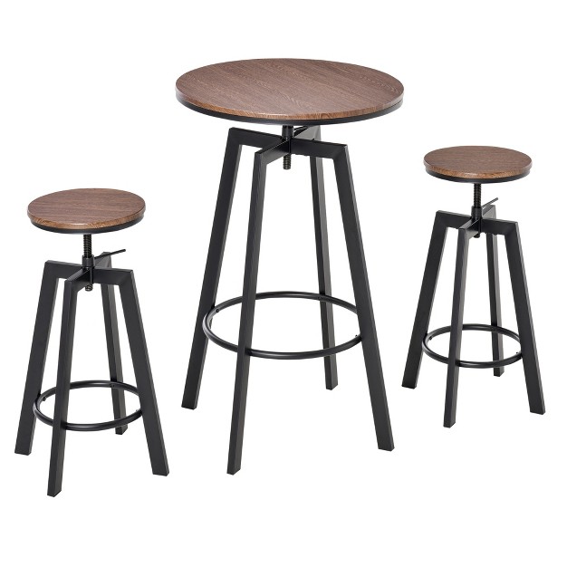 Homcom 3 Piece Industrial Adjustable Dining Table Set Bar Height Bistro Table And Swivel Pub Stools For Small Space