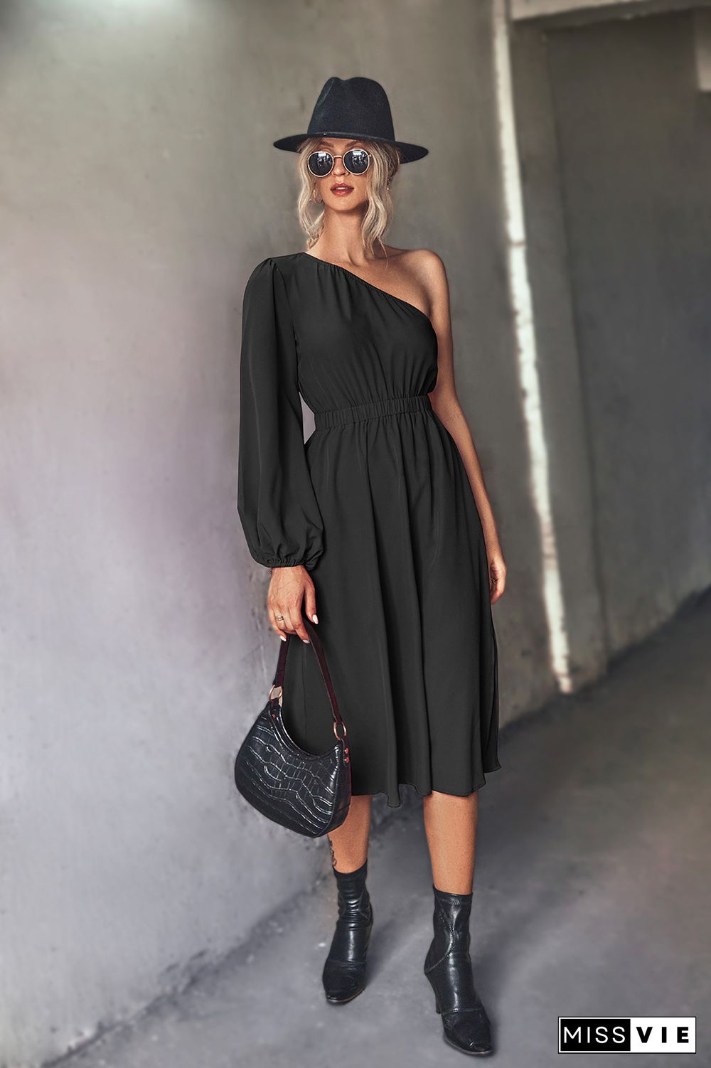 One Shoulder Elastic High Waist Midi Dress