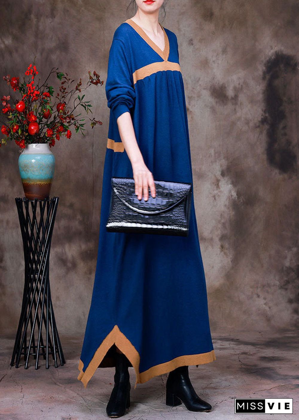 Blue Patchwork Knit Vacation Dresses Asymmetrical Long Sleeve