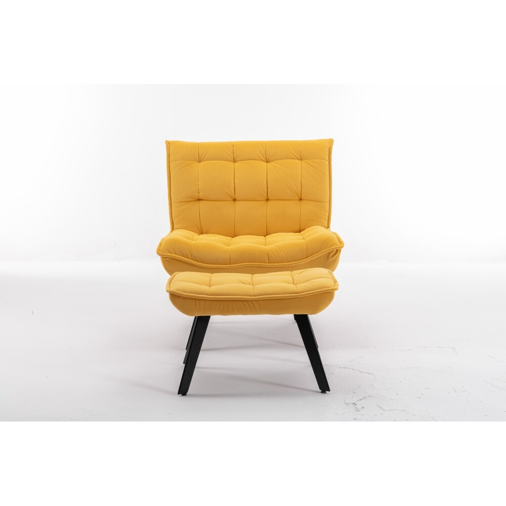 Yellow Velvet Fabric Upholstered Leisure Chair with Black Metal Legs