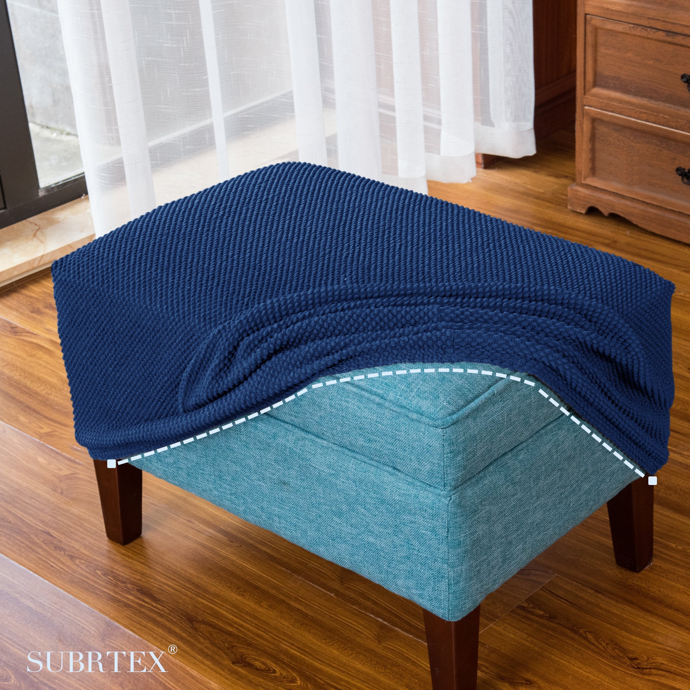 Subrtex Stretch Storage Jacquard Ottoman Slipcover Washable and Durable Cover,Navy