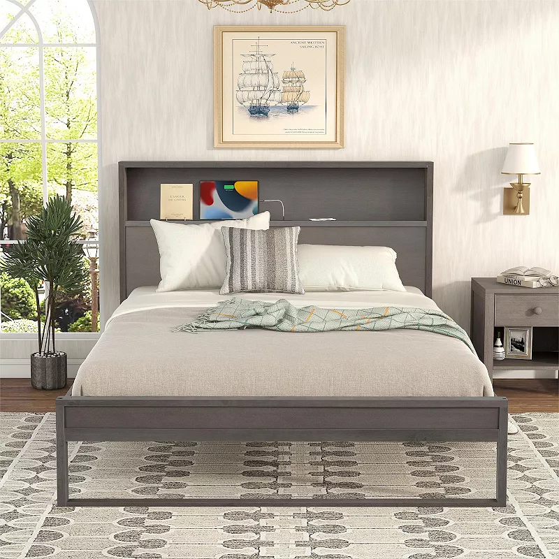 Merax Platform Bed With Storage Headboard