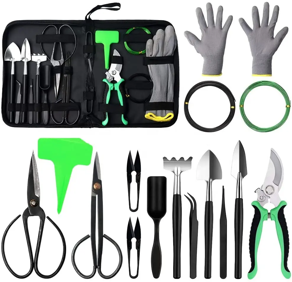 Hot Sale 21 Pieces Bonsai Tool Kit For Horticultural Succulent Planting With Carbon Steel Pruner Bonsai Tool Set