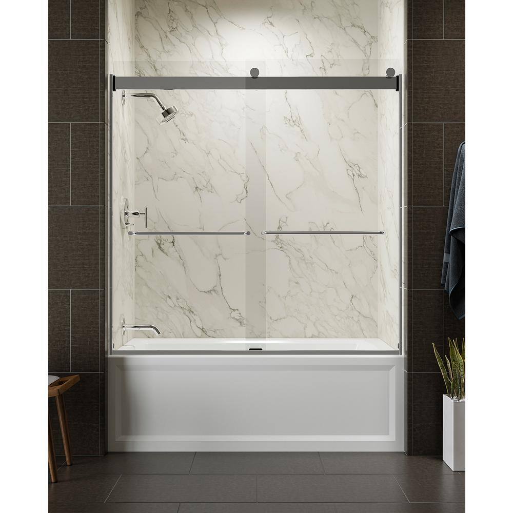 KOHLER Levity 59.625 in. W x 62 in. H Semi-Frameless Sliding Tub Door in Silver with Towel Bar K-706006-L-SH