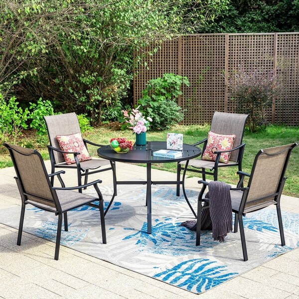 MAISON ARTS 5/7Piece Patio Dining Set，Round Metal Table and 4/6 Textilene Fabric Padded Armchairs