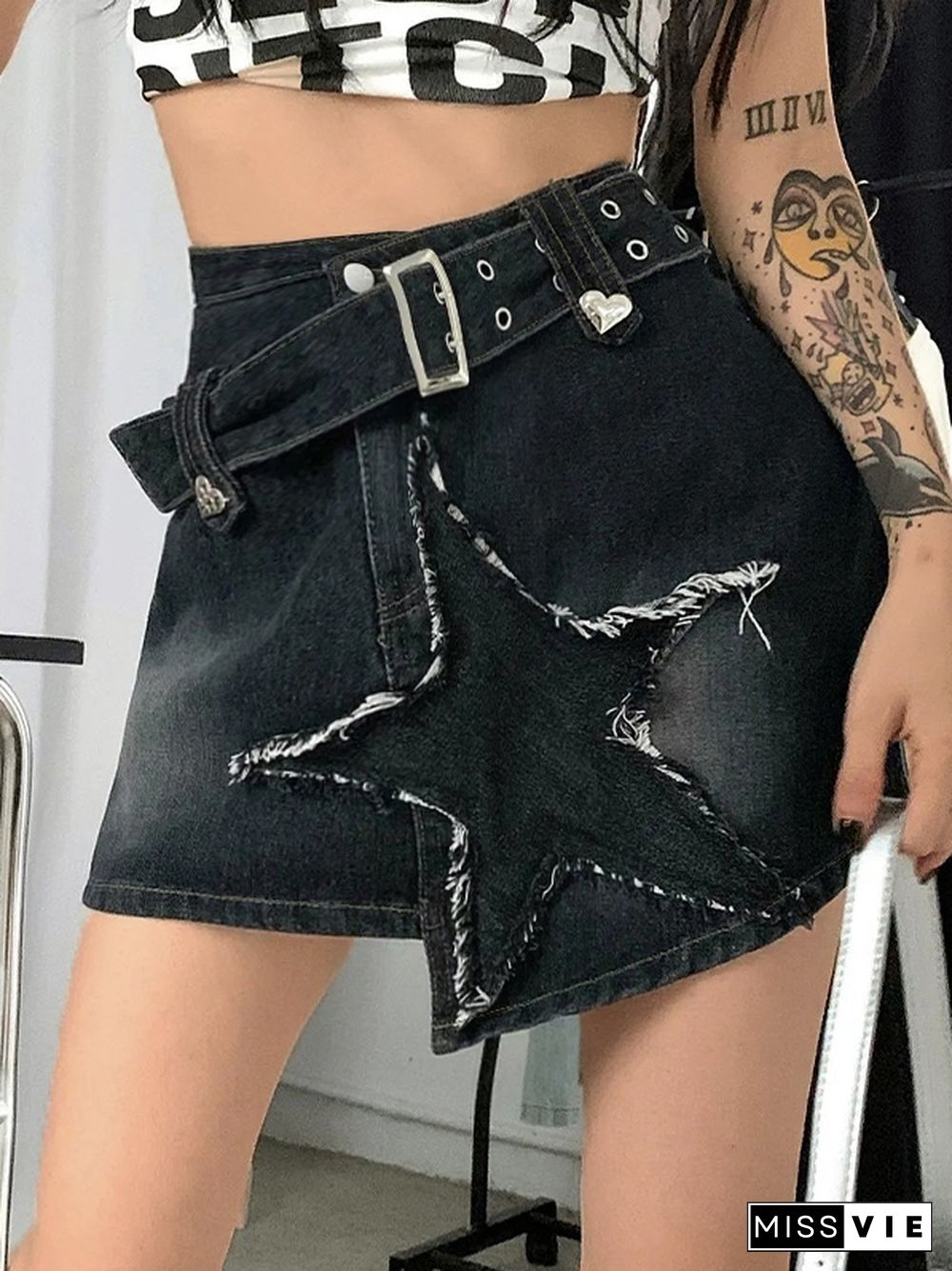 Denim Vintage Star Embroidery? Mini Skirt