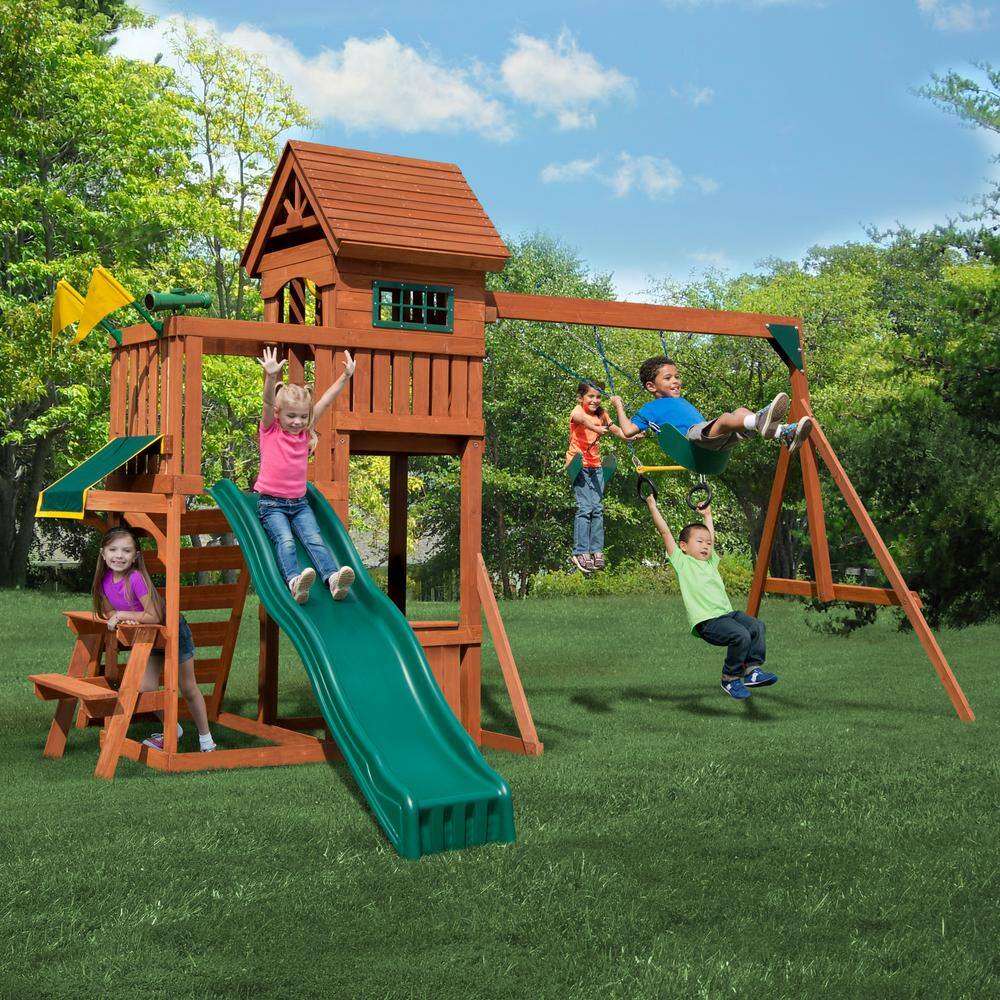 Swing-N-Slide Playsets Sedona Summit Complete Wooden Outdoor Playset with Slide Picnic Table Swings and Backyard Swing Set Accessories PB 8380