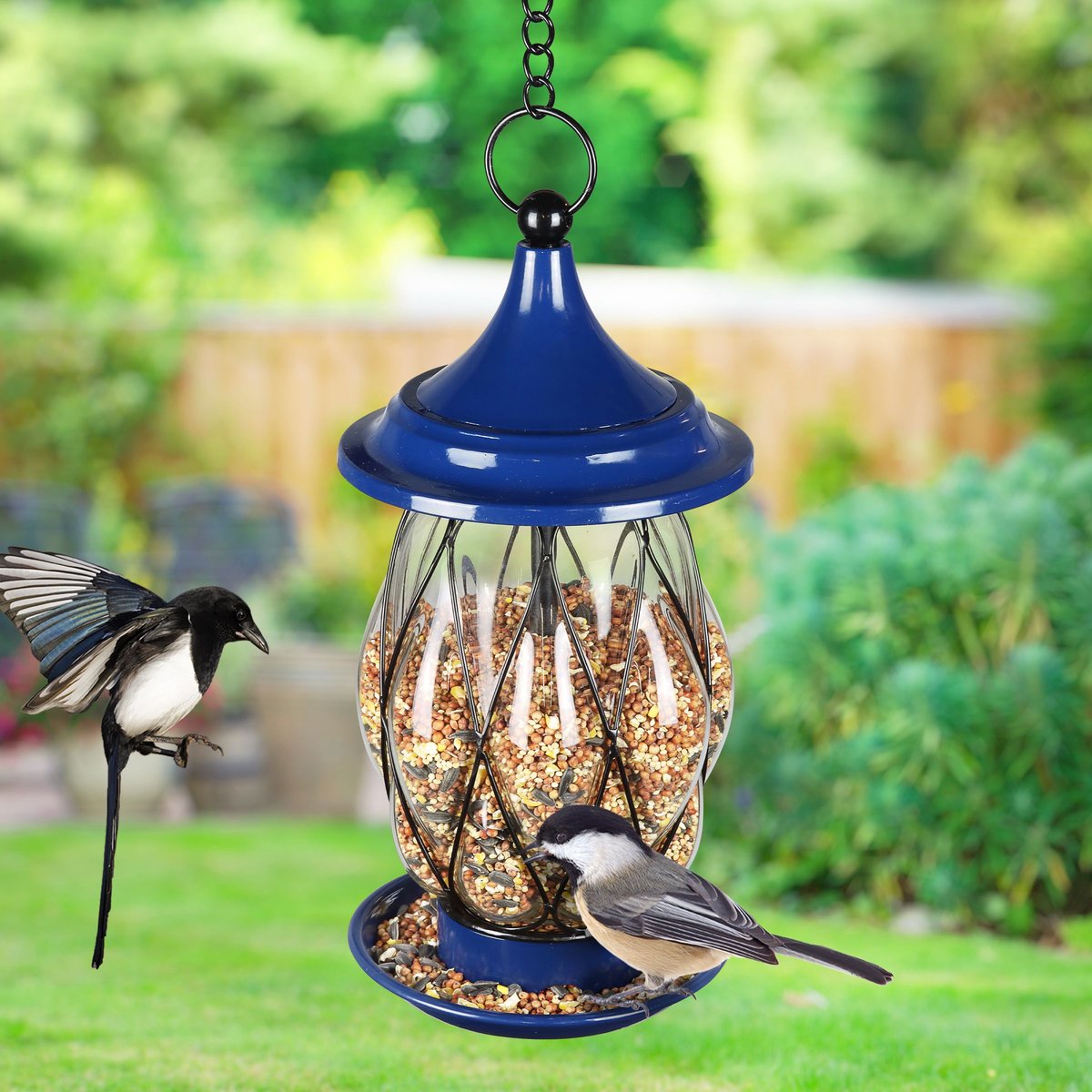 Exhart Metal Wire and Glass Bird Feeder， Blue