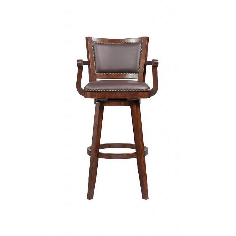 Nailhead Trim Faux Leather Upholstered Barstool with Wooden Arms， Dark Brown