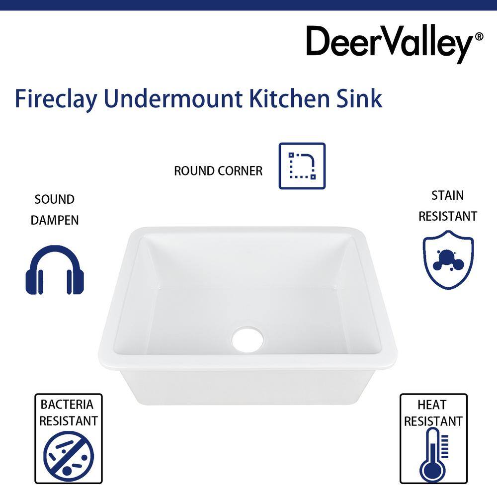 DEERVALLEY Glen White Fireclay Rectangular 27 in. Single Bowl Undermount Kitchen Sink with Bottom Grid and Basket Strainer DV-1K509