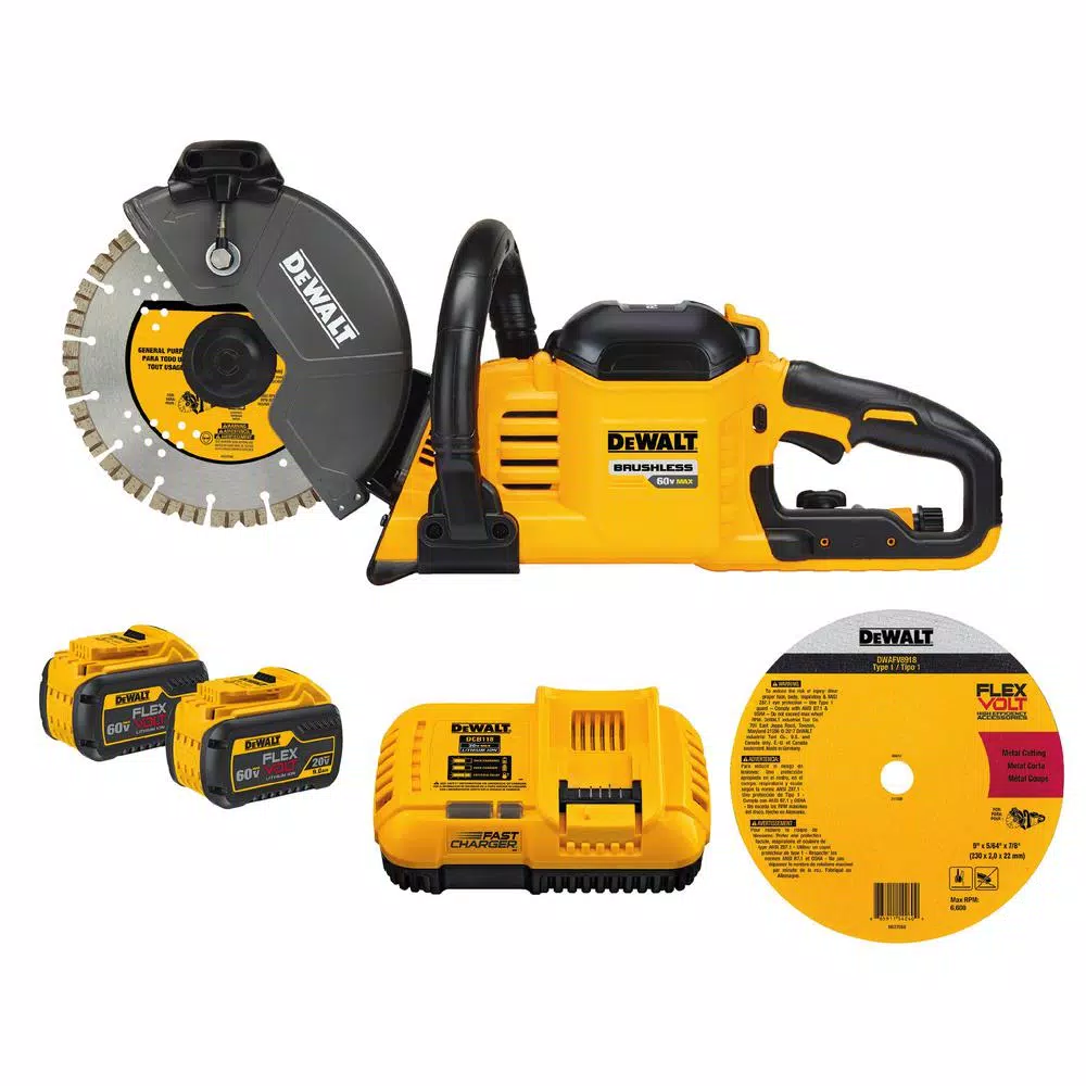 DEWALT FLEXVOLT 60-Volt MAX Brushless 9 in. Cut-Off Construction Saw， (2) FLEXVOLT 9.0Ah Batteries and 4-1/2 in. Angle Grinder and#8211; XDC Depot