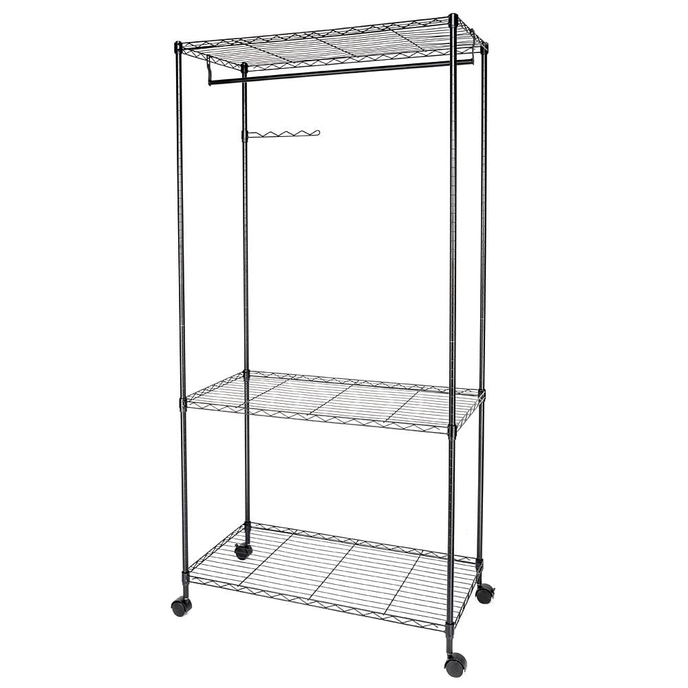 Ktaxon Heavy Duty Rolling Garment Rack Portable Hanging Rod Clothing Rack with Adjustable Shelves & Wheels, 3-Tier Closet Wardrobe Storage Organizer Unit Black