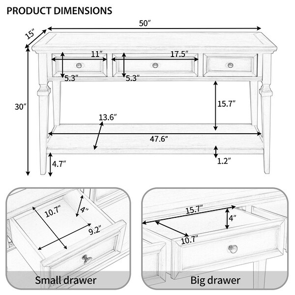 Leah Console Table with Three Drawers and Open Shelf - 50“L x 15”W x 30”H