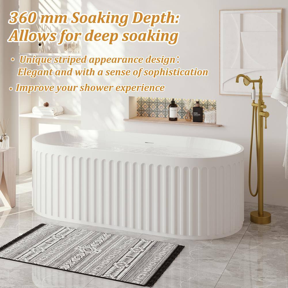 VANITYFUS 67 in. Stone Resin Flatbottom Solid Surface Striped Freestanding Soaking Bathtub in White with Brass Drain VF-21S01103-67