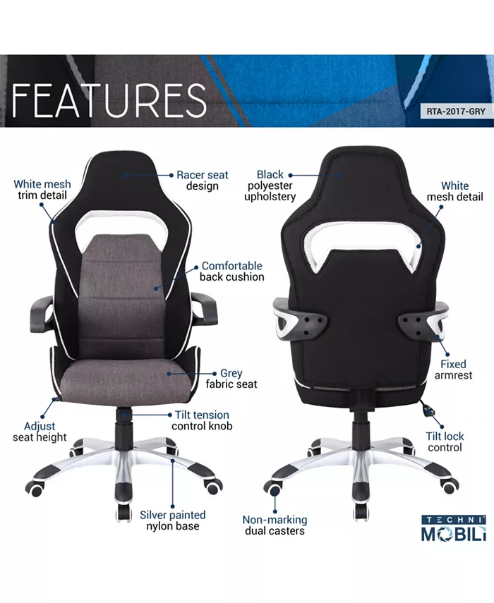 RTA Products Techni Mobili Ergonomic Racing Style Home Office Chair