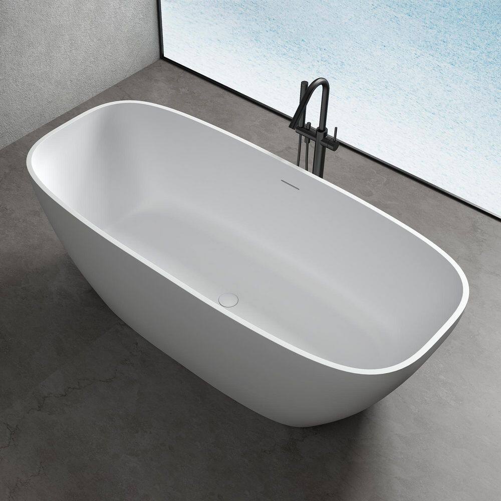 MEDUNJESS Milan 67 in. Stone Resin Solid Surface Matte Flatbottom Freestanding Bathtub in White FS306-1700